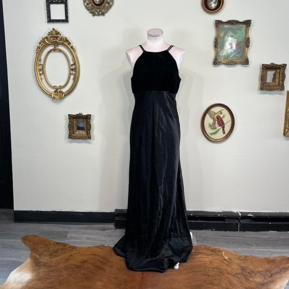Vintage Alfred Angelo Black Velvet & Satin Halter Evening Gown